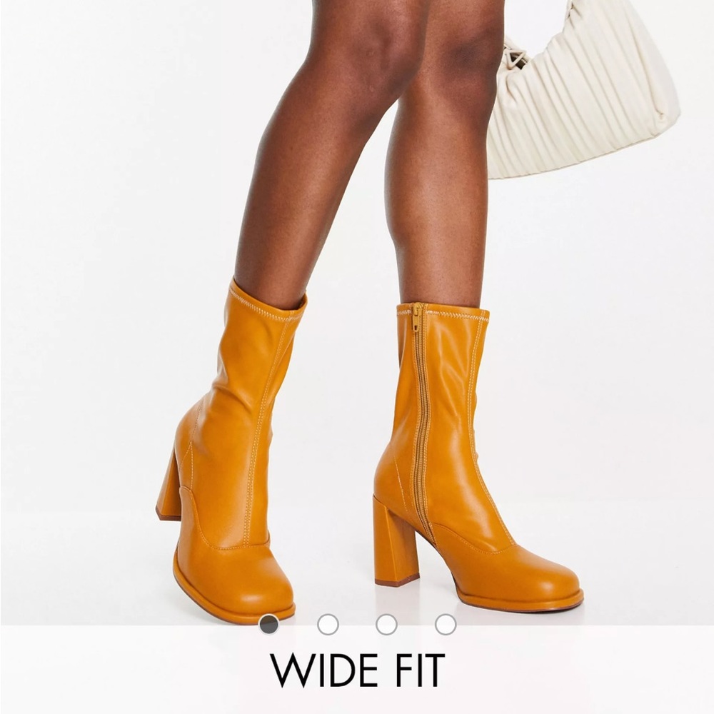 ASOS DESIGN Wide Fit Epsom high-heeled sock boots in camel patent